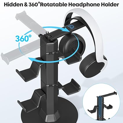 Klndcorner Gaming Controller & Headset Holder Stand for Desk, with Charger Cable Organizer Headphone Stand for PS5/ Xbox/ PS4/ Switch, Metal Base Controller Hook for Storage with 360° Rotatable Hanger- 2 Tiers
