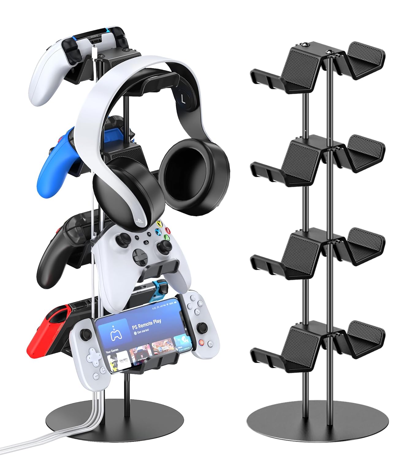 Klndcorner Controller Stand 4 Tiers with Cable Organizer for Desk, Universal Headphone Stand Compatible with Xbox PS5 PS4 Console Nintendo Switch, Headset Holder & Desk Mounts for 8 Packs Controller