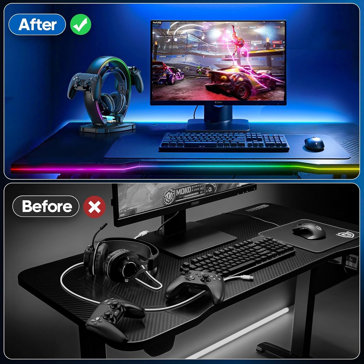 Klndcorner RGB Headphone & Controller Stand with 9 Light Modes - Foldable Controller Hanger for Desk - Earphone Stand with Cable Organizer - for Gamers Desktop Accessories