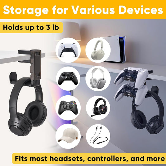 Klndcorner 3 in 1 Under Desk Headphone Hanger with Adjustable Clamp Mount, 2 Controller Slots & 1 Headset Universal Holder Stand, Rotatable Hook Rack & Cable Organizer, for Home Gaming Xbox ps5 - Black