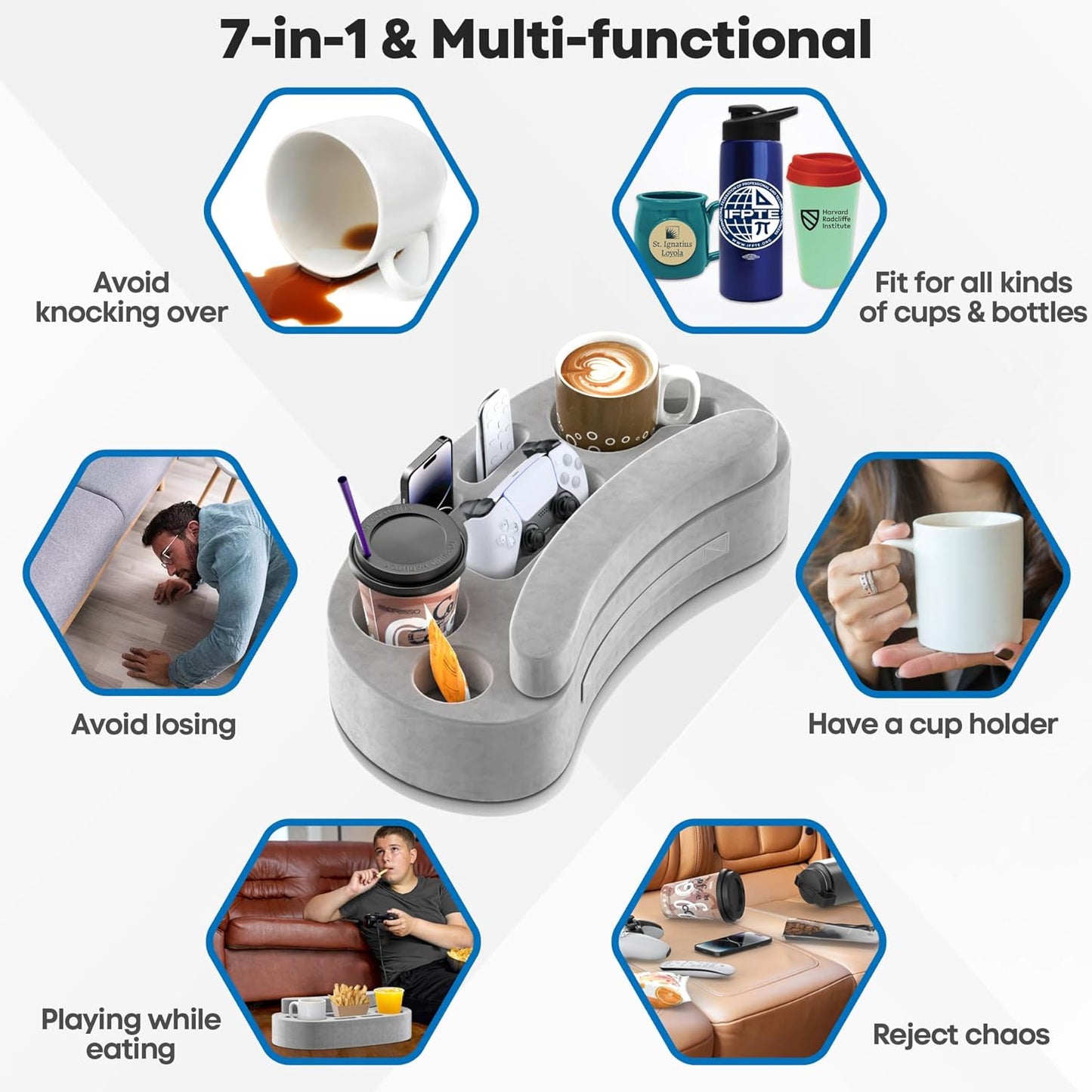 Klndcorner Couch Cup Holder Pillow Tray with 6 Slots, Gaming Pillow Couch Cupholder Tray with Armrest Cushion, Couch Caddy & Buddy with Drink, Controller, Remote, Phone Holder, Gaming Snack Holder