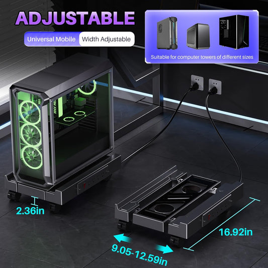 Klndcorner Adjustable Computer Tower Stand with Charging Station, PC Stand for Floor, Mobile CPU Holder with 4 Caster Wheels Fits Most PC Tower, Under Desk CPU Holder for Office,Gamers and Students