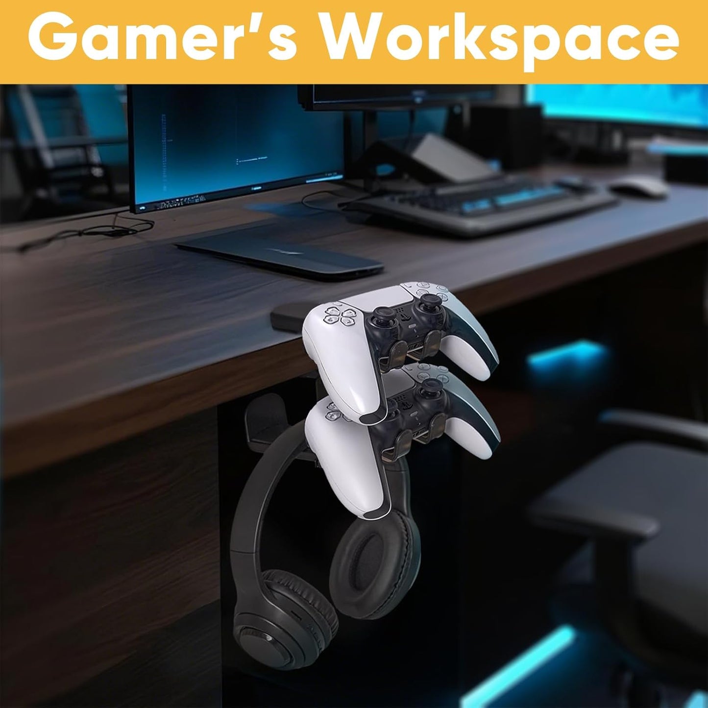 Klndcorner 3 in 1 Under Desk Headphone Hanger with Adjustable Clamp Mount, 2 Controller Slots & 1 Headset Universal Holder Stand, Rotatable Hook Rack & Cable Organizer, for Home Gaming Xbox ps5 - Black