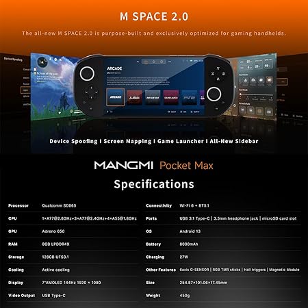 Klndcorner  Pocket Max Game Console,7 Inch OLED Android 13 System 8000mAh Battery Video Games Consoles,with DDR4+128G TF Card and Wireless Networt Console Casual Game Console RGB Joystick/6-Axis(Black)