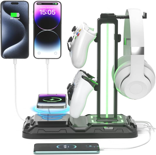 Klndcorner Headphone & Controller Stand with Wireless Charging - Rotatable Headset Stand with 9 Light Modes - Controller Holder with 2 USB and Type C Ports - for Gamers Desktop Accessories