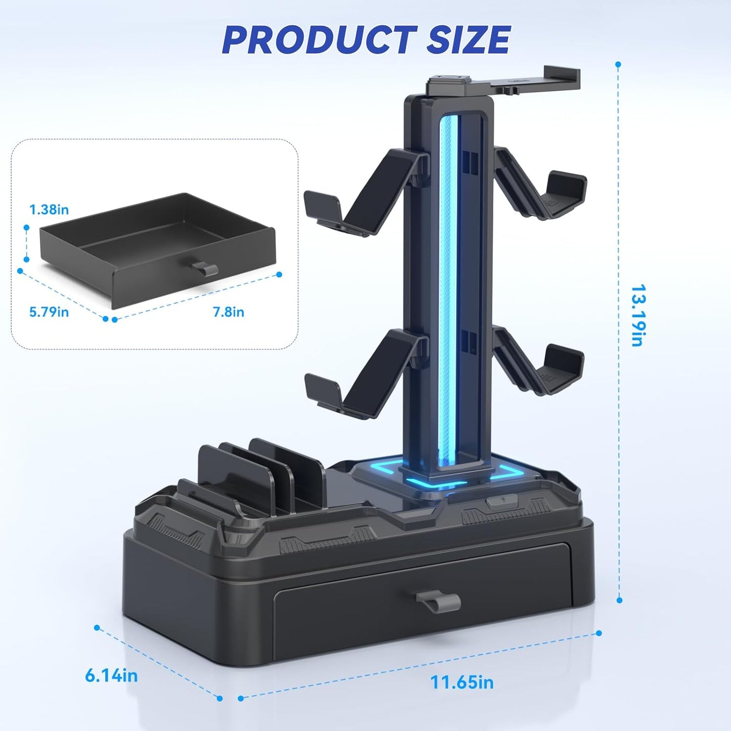 Klndcorner Headphone Stand with USB A&C Charger Ports - RGB Controller Stand with Detachable Hooks - Rotatable Headset Hanger & Device Slot for Phones/Tablets - Drawer Storage Base for Gaming Desk Organizer