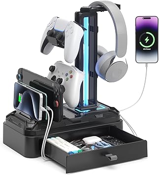 Klndcorner Headphone Stand with USB A&C Charger Ports - RGB Controller Stand with Detachable Hooks - Rotatable Headset Hanger & Device Slot for Phones/Tablets - Drawer Storage Base for Gaming Desk Organizer