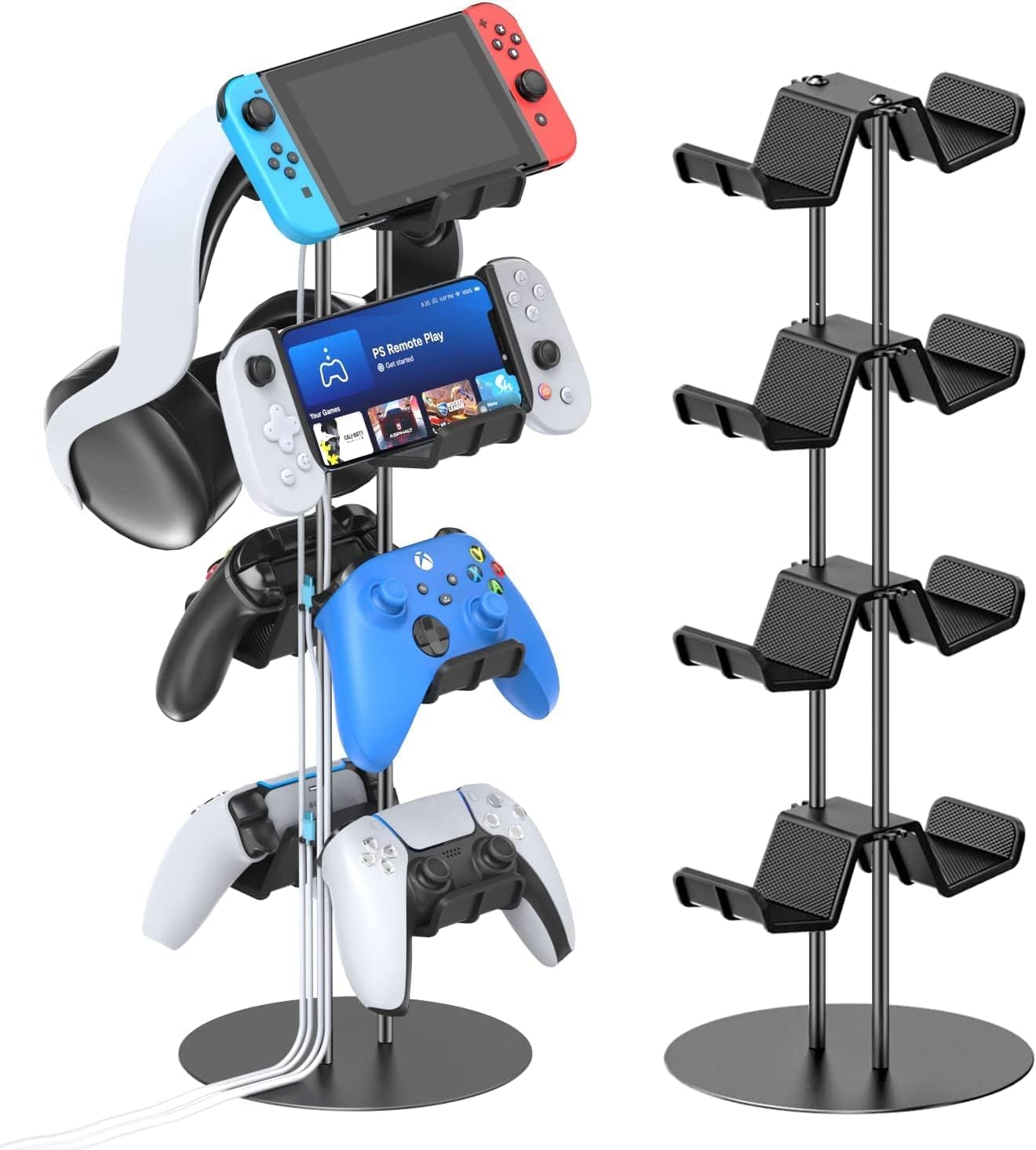 Klndcorner Controller Stand 4 Tiers with Cable Organizer for Desk, Universal Headphone Stand Compatible with Xbox PS5 PS4 Console Nintendo Switch, Headset Holder & Desk Mounts for 8 Packs Controller