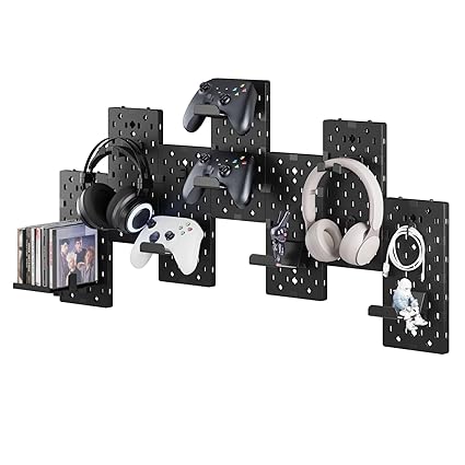 Klndcorner Controller and Headphone Holder Wall Mount, Modular Gaming Pegboard with Accessories, Controller Stand for Xbox PS5 PS4 Switch, Video Game Storage, Disc Shelf Organizer, 7pcs Pegboard, Black