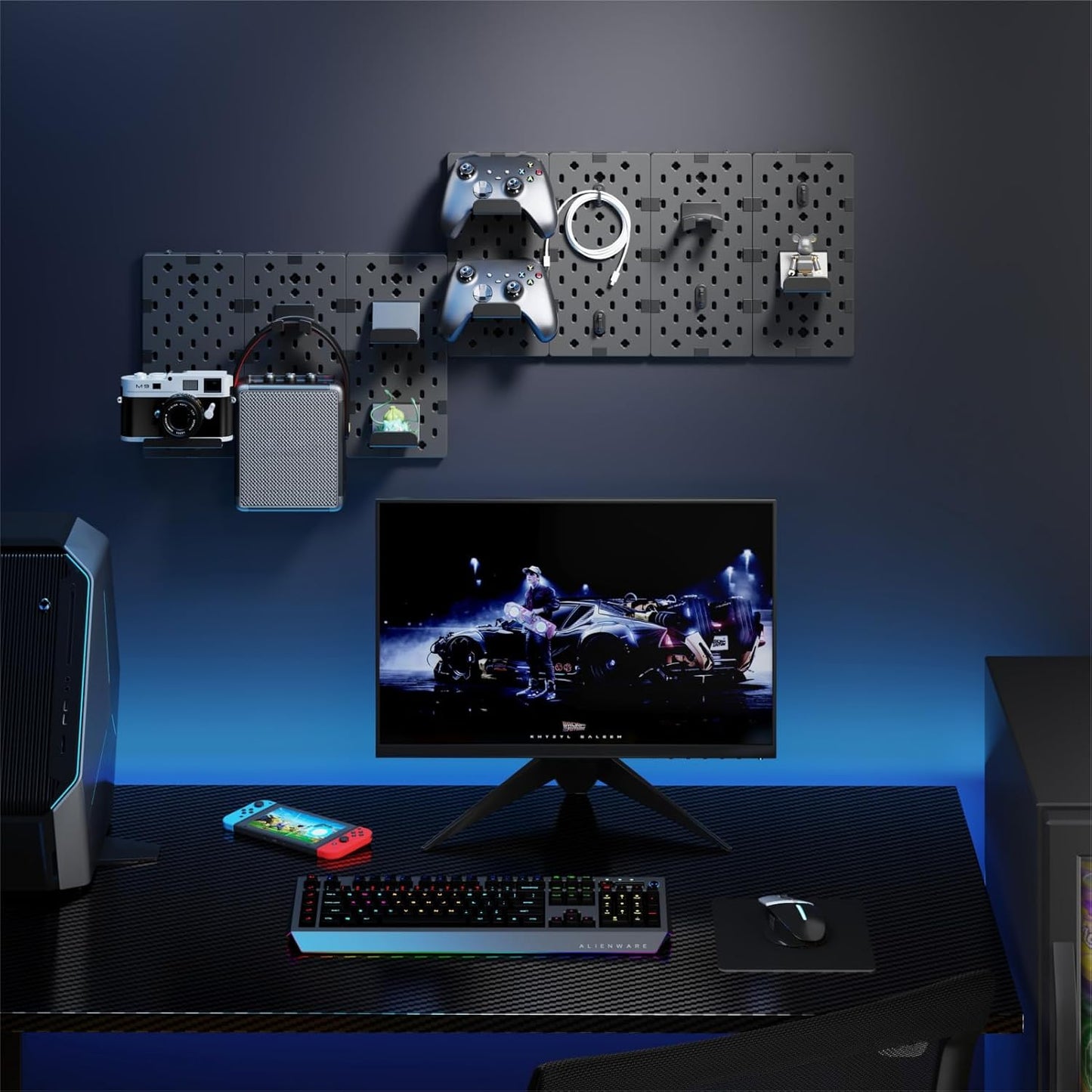 Klndcorner Controller and Headphone Holder Wall Mount, Modular Gaming Pegboard with Accessories, Controller Stand for Xbox PS5 PS4 Switch, Video Game Storage, Disc Shelf Organizer, 7pcs Pegboard, Black