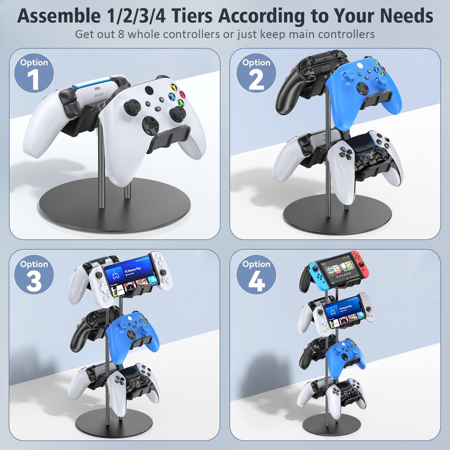 Klndcorner Controller Stand 4 Tiers with Cable Organizer for Desk, Universal Headphone Stand Compatible with Xbox PS5 PS4 Console Nintendo Switch, Headset Holder & Desk Mounts for 8 Packs Controller