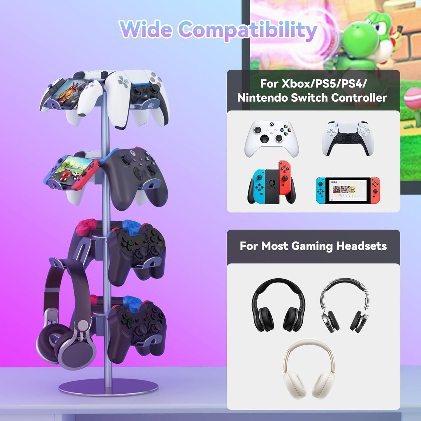 Klndcorner 4 Tiers 360 Degree Rotatable Game Controller Stand for PS5 Xbox Nintendo Switch PS4, Aluminum Alloy Headset Controller Holder for Desk, Universal Gaming Headphone Stand Organizer Rack, Grey
