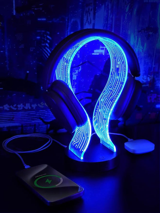 Klndcorner  Light Up Headphone Stand with 16 Color Lights, PCB Pattern Acrylic Headset Stand with 1 USB and 1 Type-C Charging Ports, Gifts for Gamers Men Boy Father Dad and DJ Music Lovers