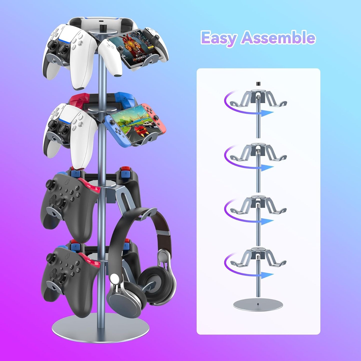 Klndcorner 4 Tiers 360 Degree Rotatable Game Controller Stand for PS5 Xbox Nintendo Switch PS4, Aluminum Alloy Headset Controller Holder for Desk, Universal Gaming Headphone Stand Organizer Rack, Grey