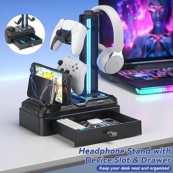Klndcorner Headphone Stand with USB A&C Charger Ports - RGB Controller Stand with Detachable Hooks - Rotatable Headset Hanger & Device Slot for Phones/Tablets - Drawer Storage Base for Gaming Desk Organizer