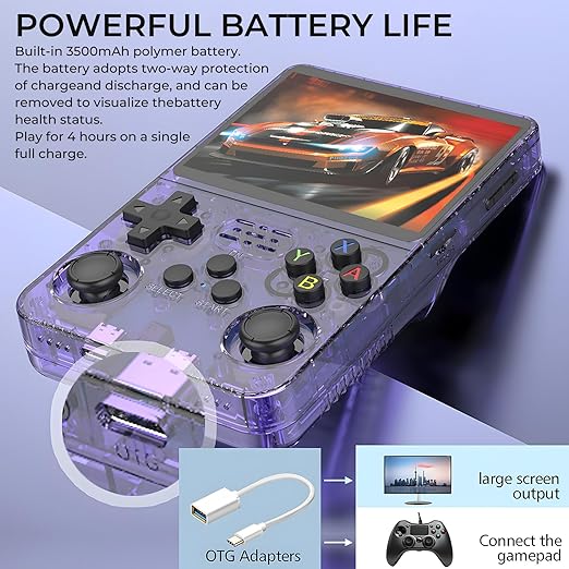 Klndcorner R36s Pro Retro Handheld Game Console, 3.5in IPS , 128GB Preloaded with 40000+Classic Games, Portable Game Console,30 +Game Emulator, Linux System,3500mah Rechargeable Battery (128G Purple)