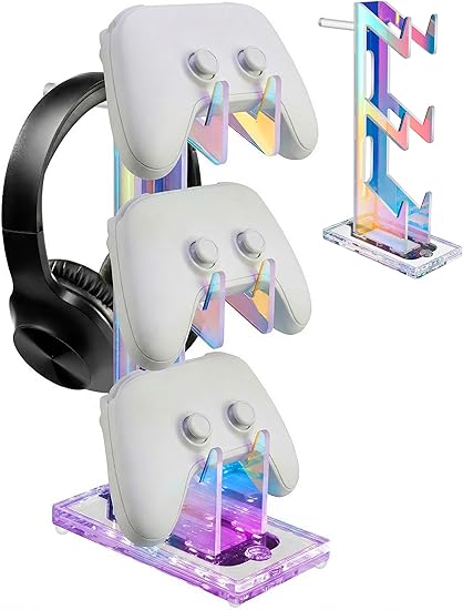 Klndcorner Iridescent Acrylic Multi-Tier Game Controller & Headset Holder Stand with Customizable LED Lighting, USB-Powered 7 Colors & 3 Modes, Anti-Slip Gaming Desk Organizer & Cable Management (3 Tiers)