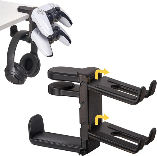 Klndcorner 3 in 1 Under Desk Headphone Hanger with Adjustable Clamp Mount, 2 Controller Slots & 1 Headset Universal Holder Stand, Rotatable Hook Rack & Cable Organizer, for Home Gaming Xbox ps5 - Black