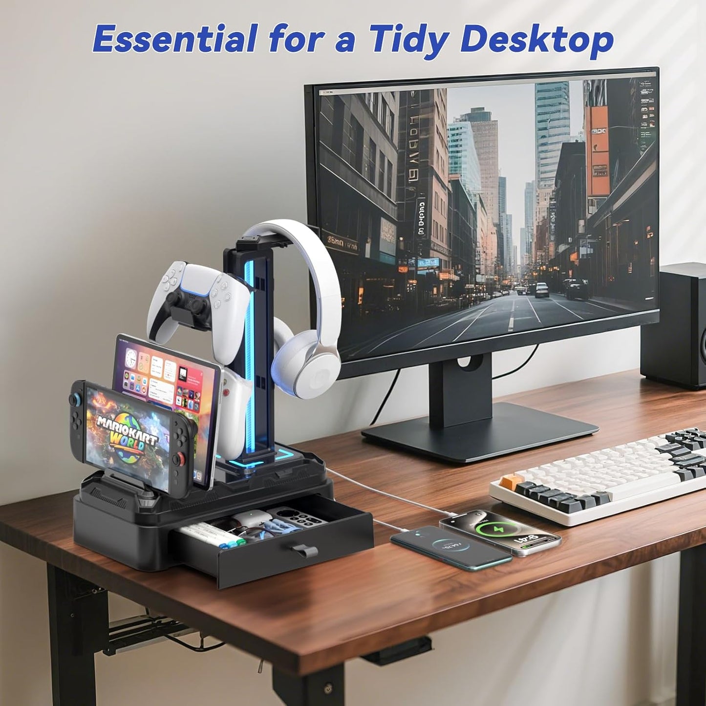Klndcorner Headphone Stand with USB A&C Charger Ports - RGB Controller Stand with Detachable Hooks - Rotatable Headset Hanger & Device Slot for Phones/Tablets - Drawer Storage Base for Gaming Desk Organizer