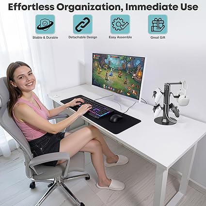 Klndcorner Gaming Controller & Headset Holder Stand for Desk, with Charger Cable Organizer Headphone Stand for PS5/ Xbox/ PS4/ Switch, Metal Base Controller Hook for Storage with 360° Rotatable Hanger- 2 Tiers