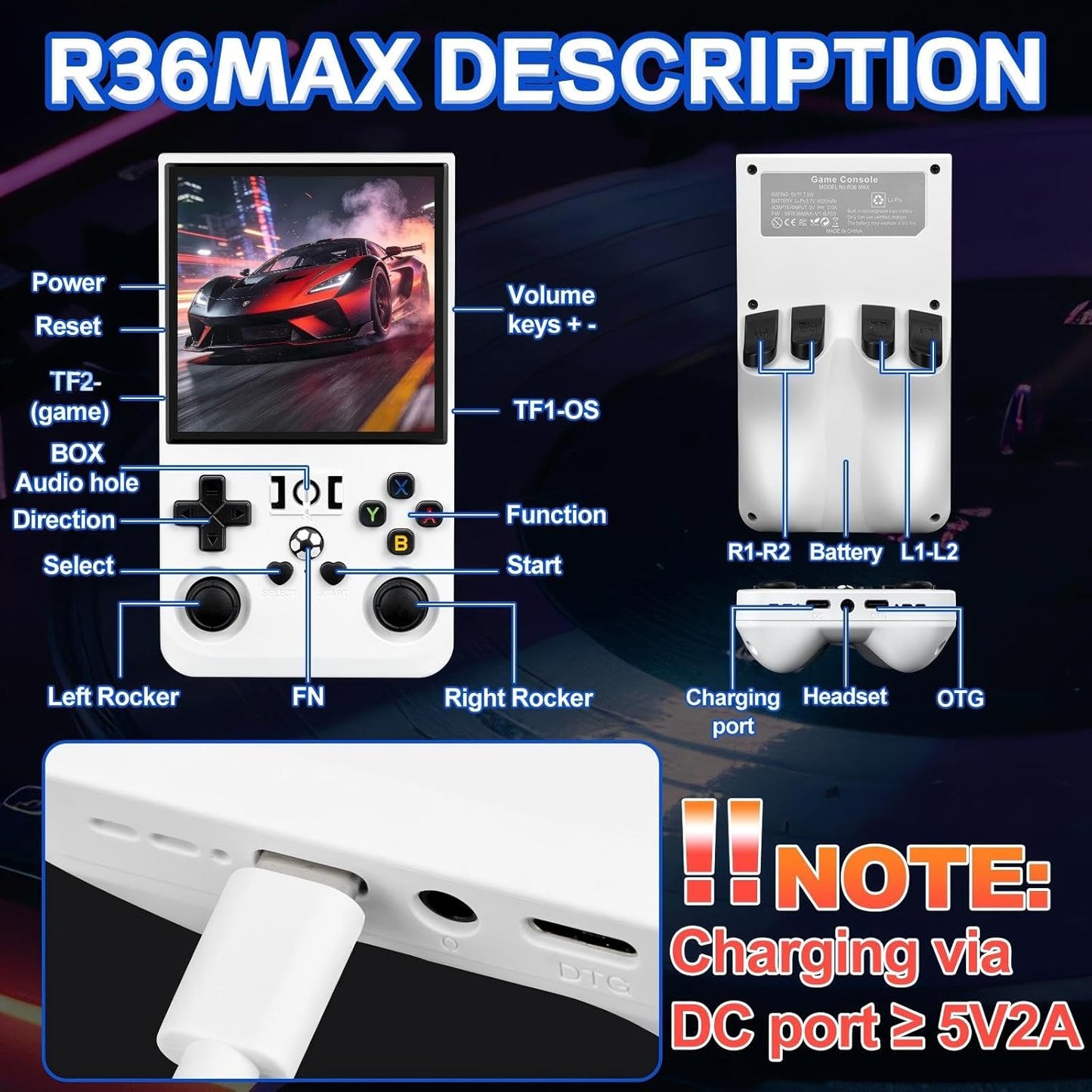 Klndcorner R36MAX Handheld Game Console - 4.0-Inch Screen, Support 22000+Classic Games,128G TF Card,Portable Console with Open Source System,4000mAh Battery,Birthday Gift for Adult or Partner - White