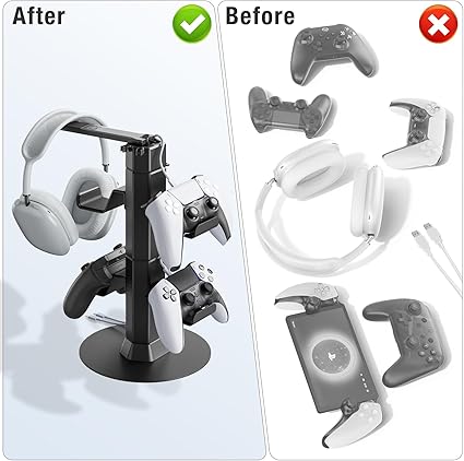 Klndcorner Gaming Controller & Headset Holder Stand for Desk, with Charger Cable Organizer Headphone Stand for PS5/ Xbox/ PS4/ Switch, Metal Base Controller Hook for Storage with 360° Rotatable Hanger- 2 Tiers