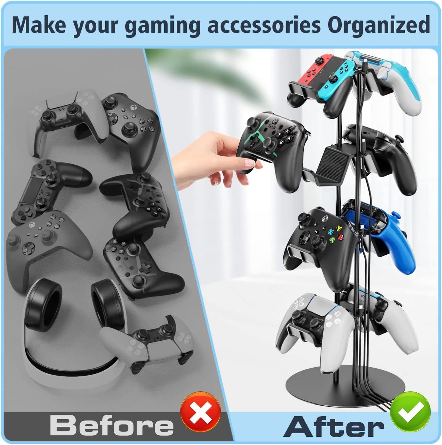 Klndcorner Controller Stand 4 Tiers with Cable Organizer for Desk, Universal Headphone Stand Compatible with Xbox PS5 PS4 Console Nintendo Switch, Headset Holder & Desk Mounts for 8 Packs Controller