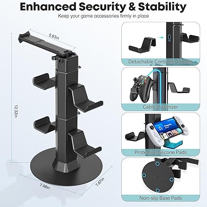 Klndcorner Gaming Controller & Headset Holder Stand for Desk, with Charger Cable Organizer Headphone Stand for PS5/ Xbox/ PS4/ Switch, Metal Base Controller Hook for Storage with 360° Rotatable Hanger- 2 Tiers