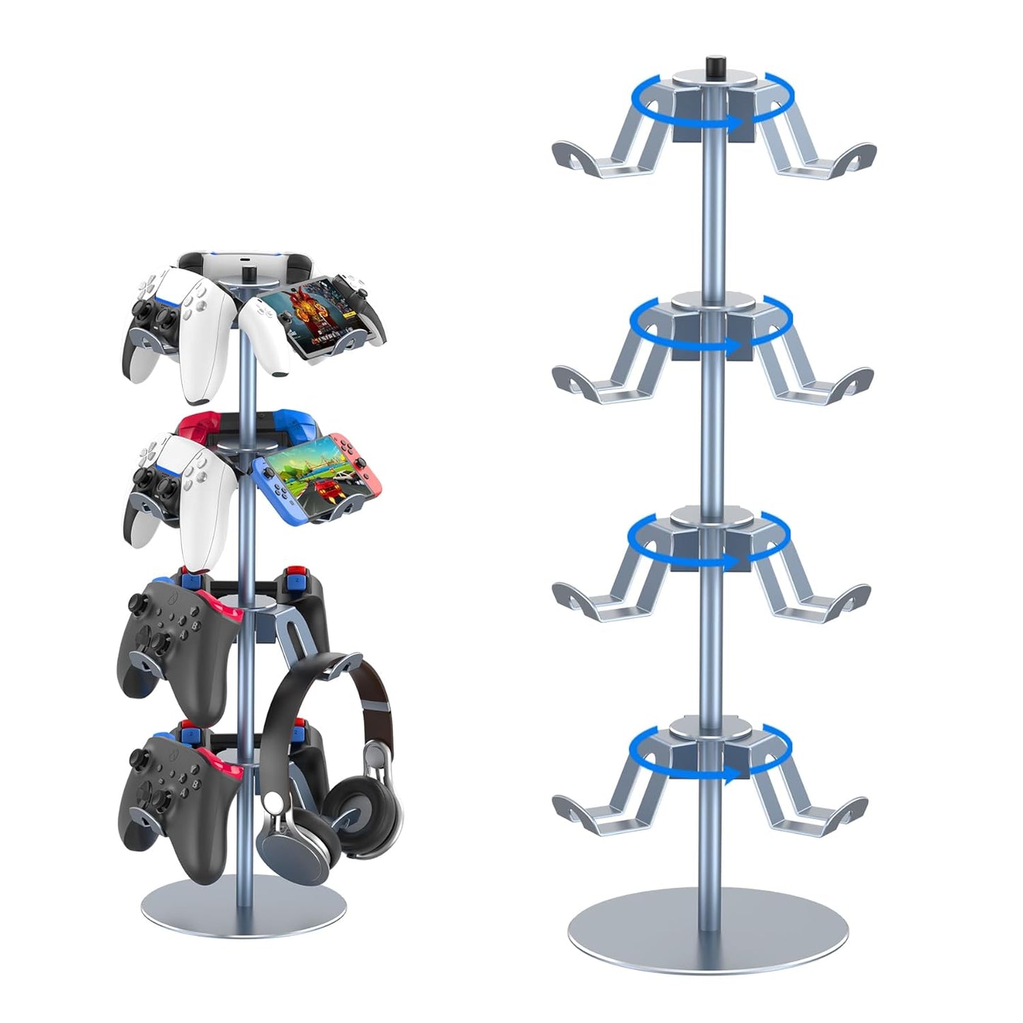 Klndcorner 4 Tiers 360 Degree Rotatable Game Controller Stand for PS5 Xbox Nintendo Switch PS4, Aluminum Alloy Headset Controller Holder for Desk, Universal Gaming Headphone Stand Organizer Rack, Grey