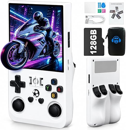 Klndcorner R36MAX Handheld Game Console - 4.0-Inch Screen, Support 22000+Classic Games,128G TF Card,Portable Console with Open Source System,4000mAh Battery,Birthday Gift for Adult or Partner - White
