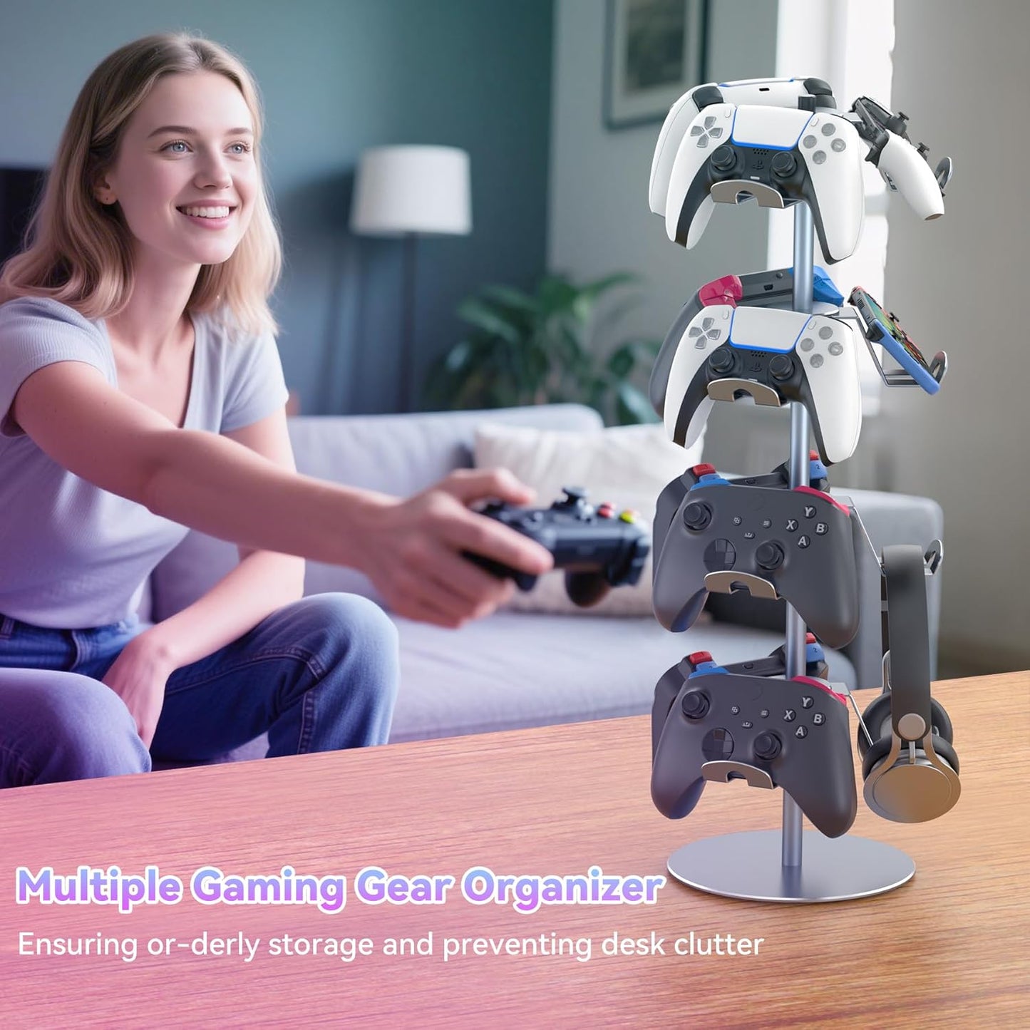 Klndcorner 4 Tiers 360 Degree Rotatable Game Controller Stand for PS5 Xbox Nintendo Switch PS4, Aluminum Alloy Headset Controller Holder for Desk, Universal Gaming Headphone Stand Organizer Rack, Grey
