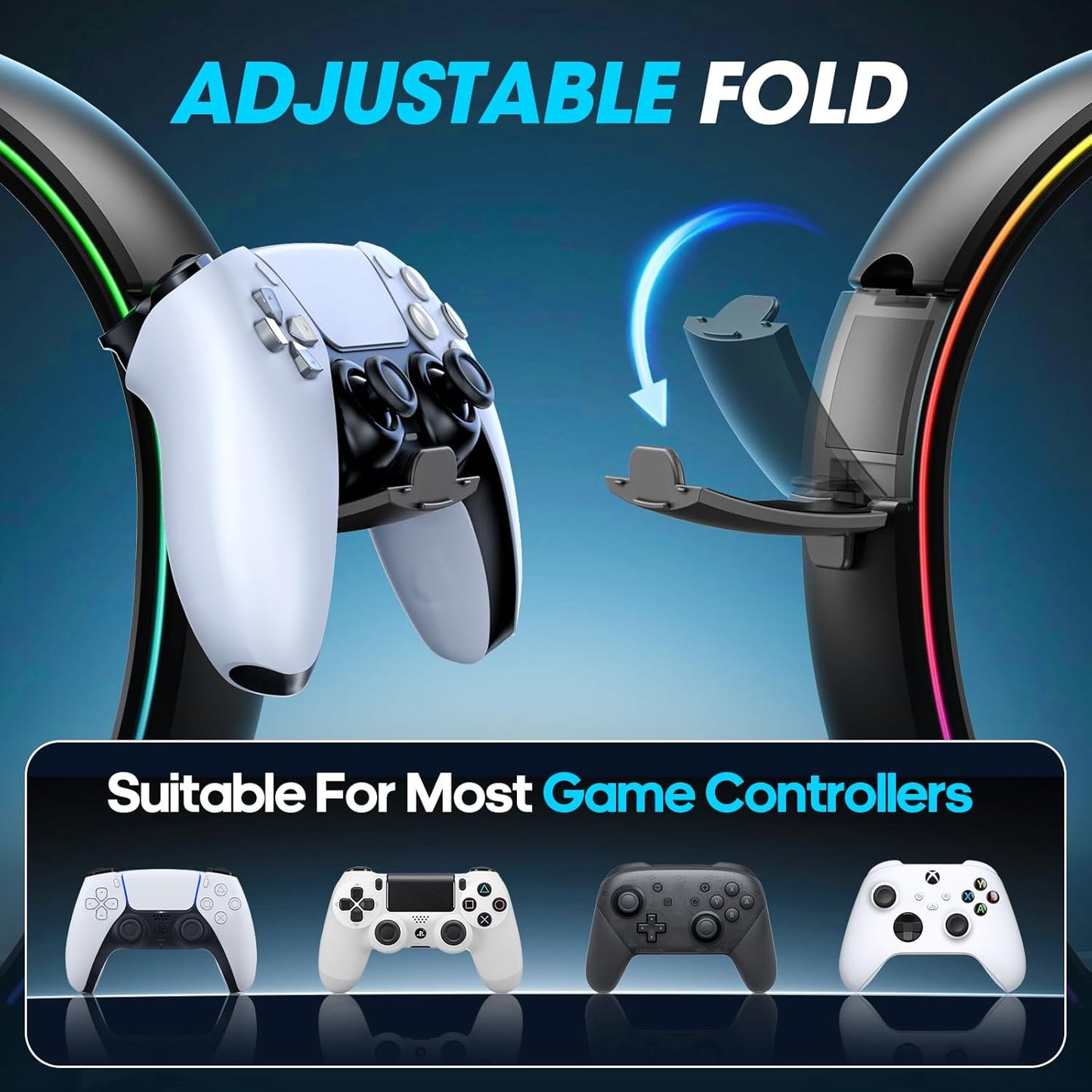 Klndcorner  RGB Headphone & Controller Stand with 9 Light Modes - Foldable Controller Hanger for Desk - Earphone Stand with Cable Organizer - for Gamers Desktop Accessories