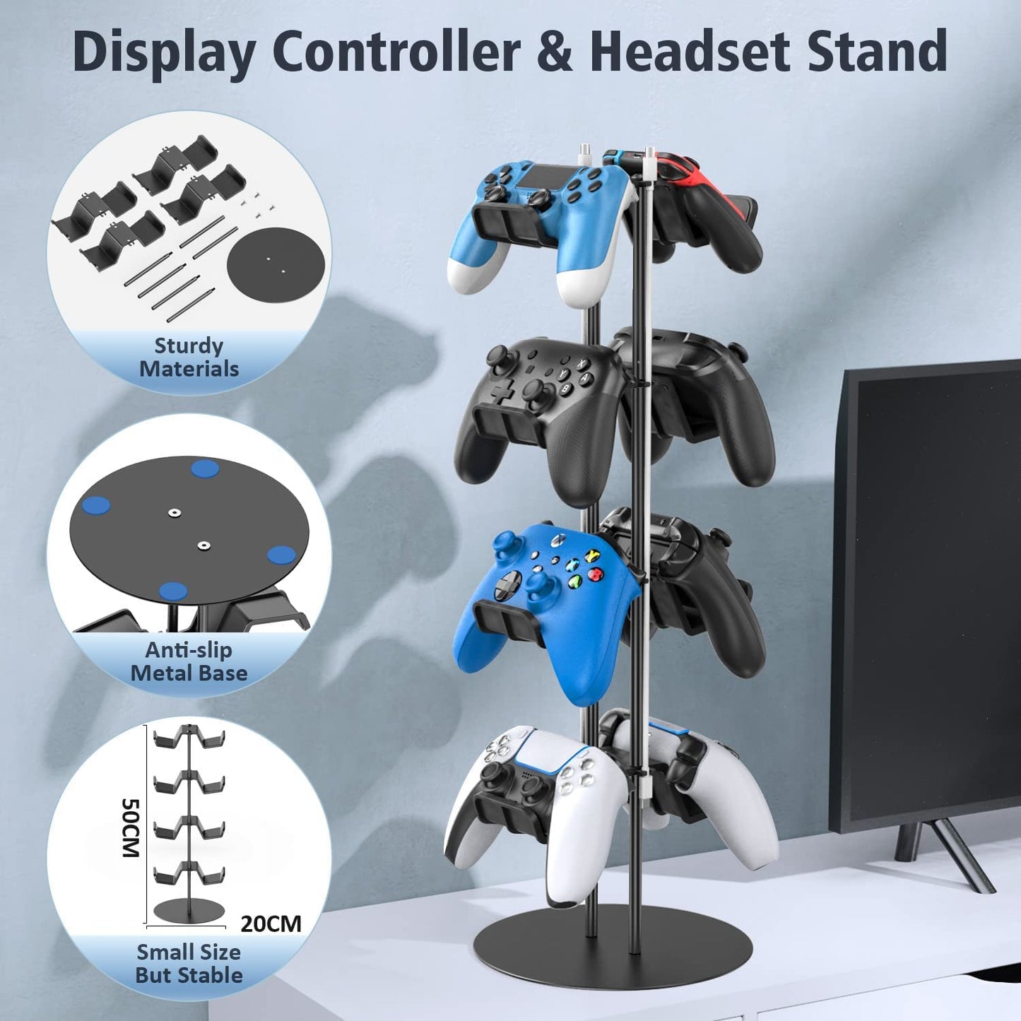 Klndcorner Controller Stand 4 Tiers with Cable Organizer for Desk, Universal Headphone Stand Compatible with Xbox PS5 PS4 Console Nintendo Switch, Headset Holder & Desk Mounts for 8 Packs Controller