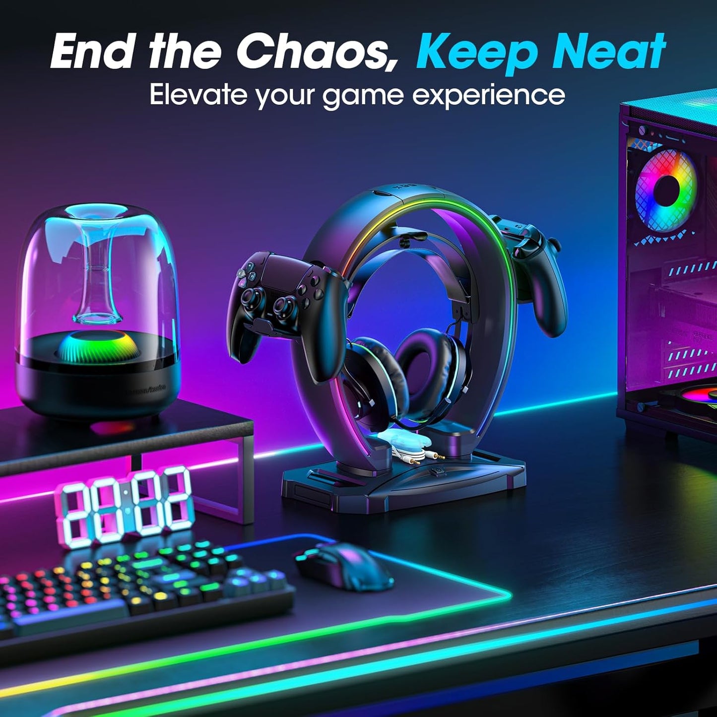 Klndcorner  RGB Headphone & Controller Stand with 9 Light Modes - Foldable Controller Hanger for Desk - Earphone Stand with Cable Organizer - for Gamers Desktop Accessories