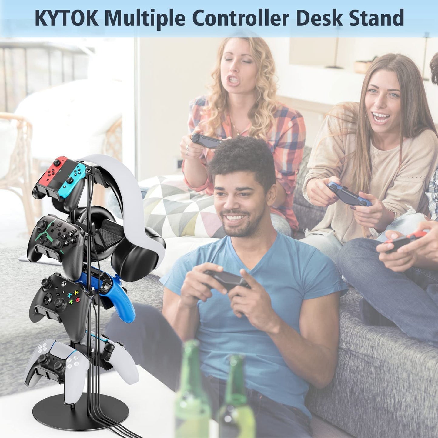 Klndcorner Controller Stand 4 Tiers with Cable Organizer for Desk, Universal Headphone Stand Compatible with Xbox PS5 PS4 Console Nintendo Switch, Headset Holder & Desk Mounts for 8 Packs Controller