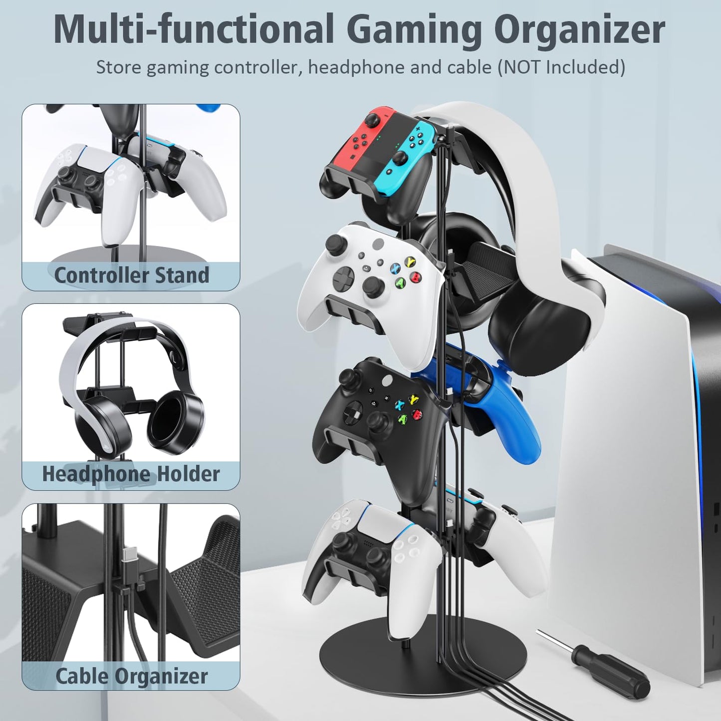 Klndcorner Controller Stand 4 Tiers with Cable Organizer for Desk, Universal Headphone Stand Compatible with Xbox PS5 PS4 Console Nintendo Switch, Headset Holder & Desk Mounts for 8 Packs Controller