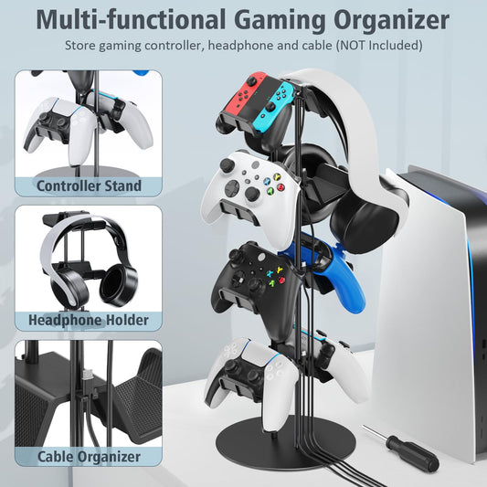 Klndcorner Controller Stand 4 Tiers with Cable Organizer for Desk, Universal Headphone Stand Compatible with Xbox PS5 PS4 Console Nintendo Switch, Headset Holder & Desk Mounts for 8 Packs Controller