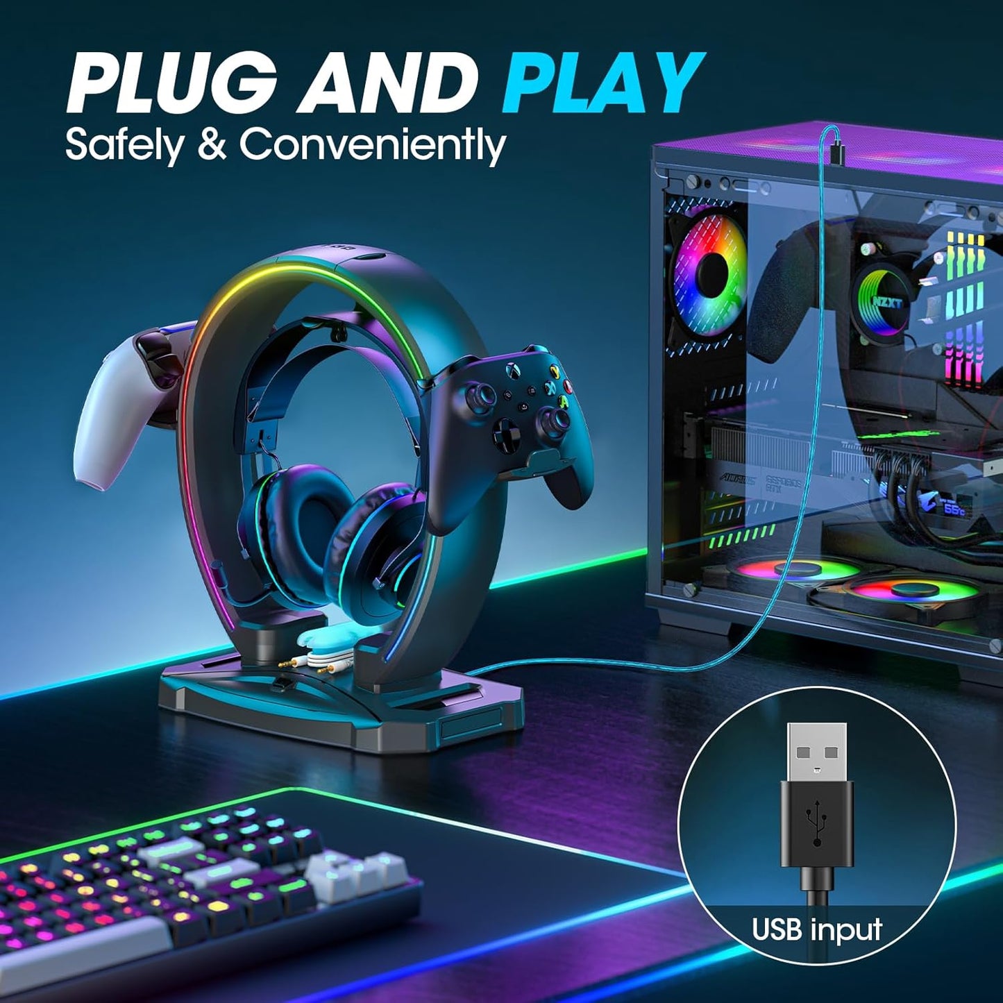 Klndcorner  RGB Headphone & Controller Stand with 9 Light Modes - Foldable Controller Hanger for Desk - Earphone Stand with Cable Organizer - for Gamers Desktop Accessories