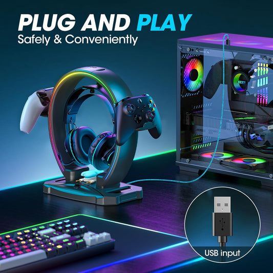 Klndcorner  RGB Headphone & Controller Stand with 9 Light Modes - Foldable Controller Hanger for Desk - Earphone Stand with Cable Organizer - for Gamers Desktop Accessories