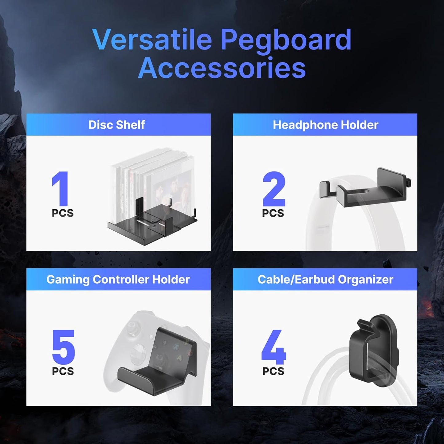 Klndcorner Controller and Headphone Holder Wall Mount, Modular Gaming Pegboard with Accessories, Controller Stand for Xbox PS5 PS4 Switch, Video Game Storage, Disc Shelf Organizer, 7pcs Pegboard, Black