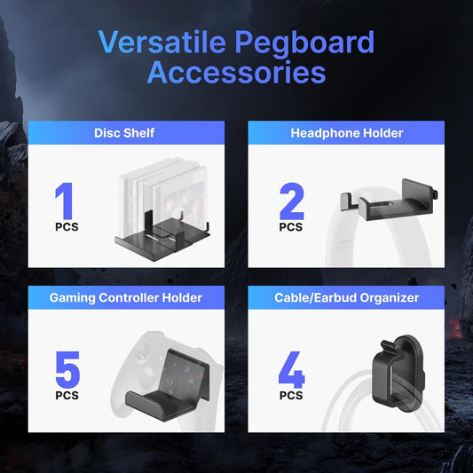 Klndcorner Controller and Headphone Holder Wall Mount, Modular Gaming Pegboard with Accessories, Controller Stand for Xbox PS5 PS4 Switch, Video Game Storage, Disc Shelf Organizer, 7pcs Pegboard, Black