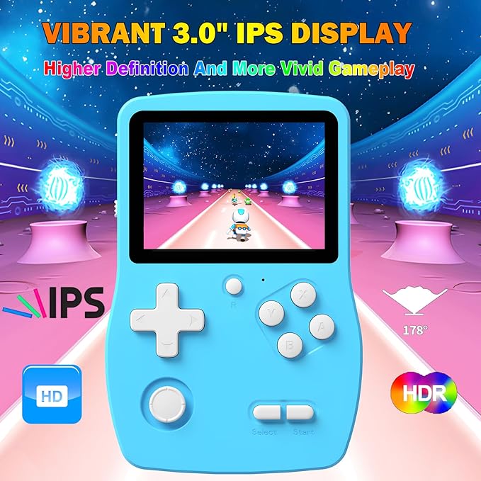 Klndcorner 32 Bit Handheld Games for Kids Preloaded 139 Video Games, Portable Video Gaming Player with 3.0" IPS Screen and Rechargeable Battery, Mini Travel Games Electronic Gifts Toys for Boys Girls, Blue