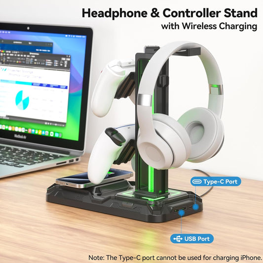 Klndcorner Headphone & Controller Stand with Wireless Charging - Rotatable Headset Stand with 9 Light Modes - Controller Holder with 2 USB and Type C Ports - for Gamers Desktop Accessories