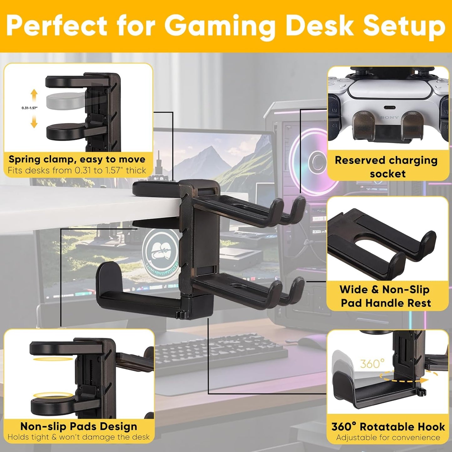 Klndcorner 3 in 1 Under Desk Headphone Hanger with Adjustable Clamp Mount, 2 Controller Slots & 1 Headset Universal Holder Stand, Rotatable Hook Rack & Cable Organizer, for Home Gaming Xbox ps5 - Black
