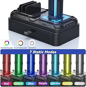 Klndcorner Headphone Stand with USB A&C Charger Ports - RGB Controller Stand with Detachable Hooks - Rotatable Headset Hanger & Device Slot for Phones/Tablets - Drawer Storage Base for Gaming Desk Organizer