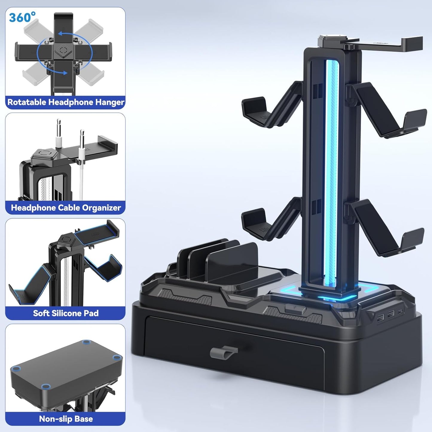 Klndcorner Headphone Stand with USB A&C Charger Ports - RGB Controller Stand with Detachable Hooks - Rotatable Headset Hanger & Device Slot for Phones/Tablets - Drawer Storage Base for Gaming Desk Organizer