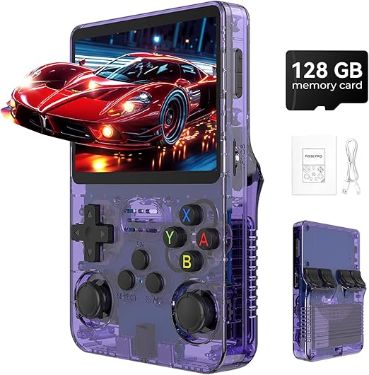 Klndcorner R36s Pro Retro Handheld Game Console, 3.5in IPS , 128GB Preloaded with 40000+Classic Games, Portable Game Console,30 +Game Emulator, Linux System,3500mah Rechargeable Battery (128G Purple)