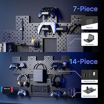 Klndcorner Controller and Headphone Holder Wall Mount, Modular Gaming Pegboard with Accessories, Controller Stand for Xbox PS5 PS4 Switch, Video Game Storage, Disc Shelf Organizer, 7pcs Pegboard, Black