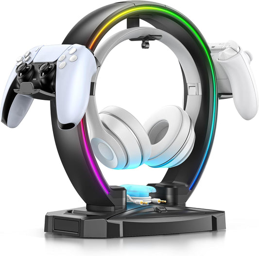 Klndcorner  RGB Headphone & Controller Stand with 9 Light Modes - Foldable Controller Hanger for Desk - Earphone Stand with Cable Organizer - for Gamers Desktop Accessories