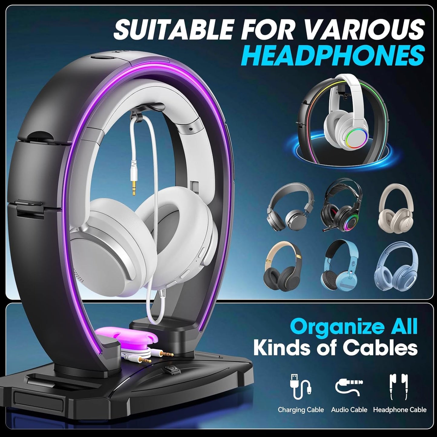 Klndcorner  RGB Headphone & Controller Stand with 9 Light Modes - Foldable Controller Hanger for Desk - Earphone Stand with Cable Organizer - for Gamers Desktop Accessories